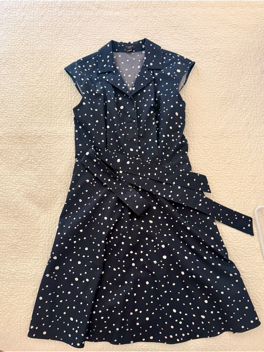 Ann Taylor Classic Navy Polka Dot Shirt Dress - Sleeveless with Belt